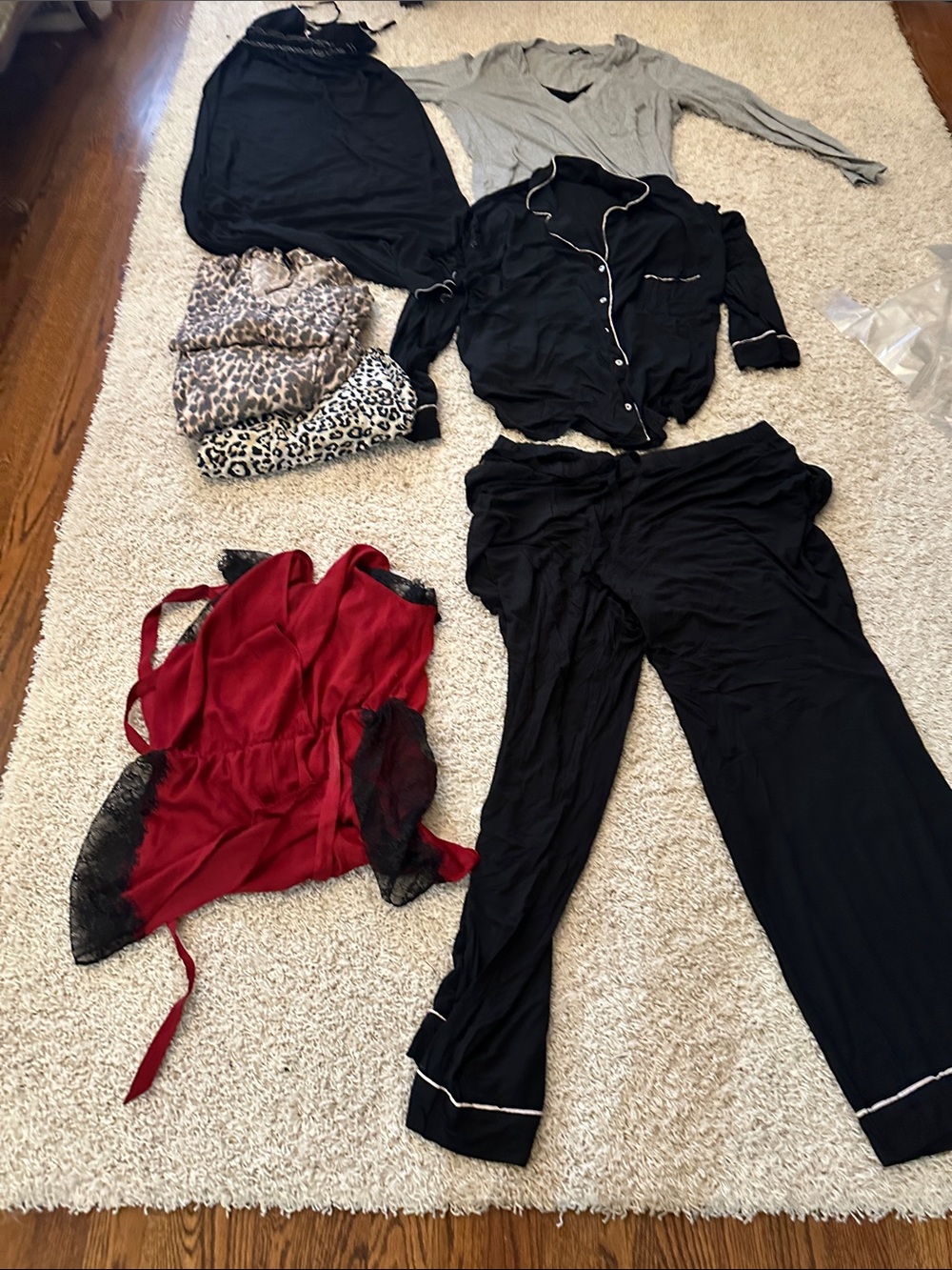 Mixed Women's Pajama Set with Red Satin Robe and Black PJs